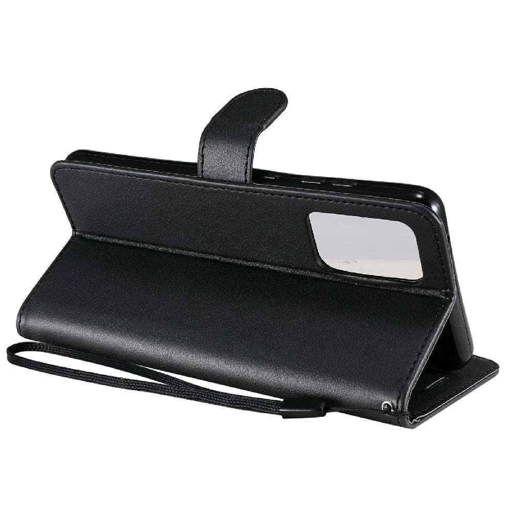 For Samsung Galaxy A52 4G / A52 5G / A52s 5G Case Solid Color Leather Mobile Cover Wallet Stand with Strap - Black - 5