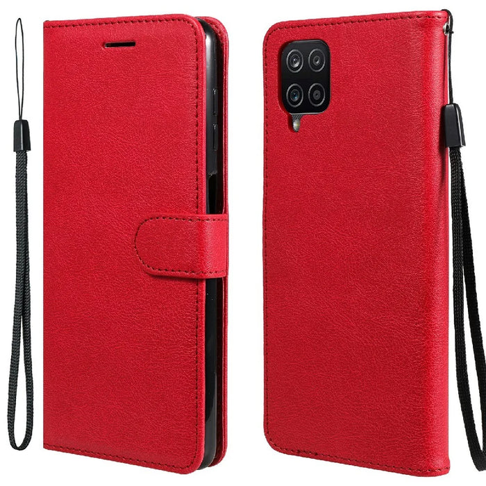 For Samsung Galaxy A12 Case Solid Color Leather Mobile Cover Wallet Stand with Strap - Red - 1