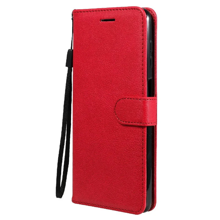 For Samsung Galaxy A12 Case Solid Color Leather Mobile Cover Wallet Stand with Strap - Red - 2