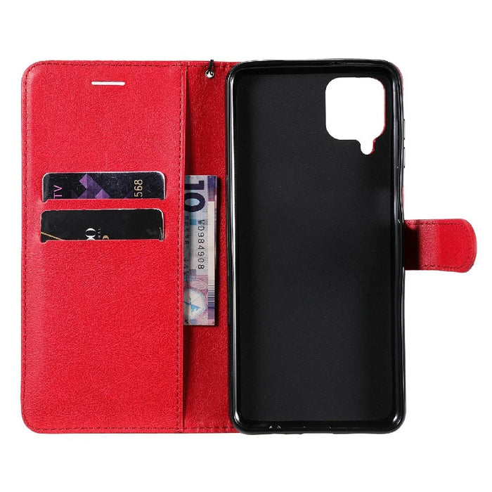 For Samsung Galaxy A12 Case Solid Color Leather Mobile Cover Wallet Stand with Strap - Red - 4
