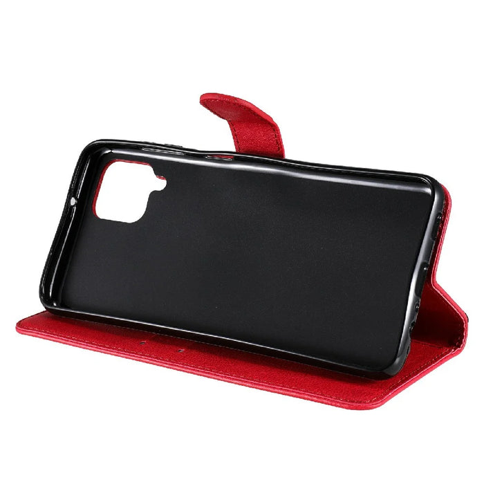For Samsung Galaxy A12 Case Solid Color Leather Mobile Cover Wallet Stand with Strap - Red - 6