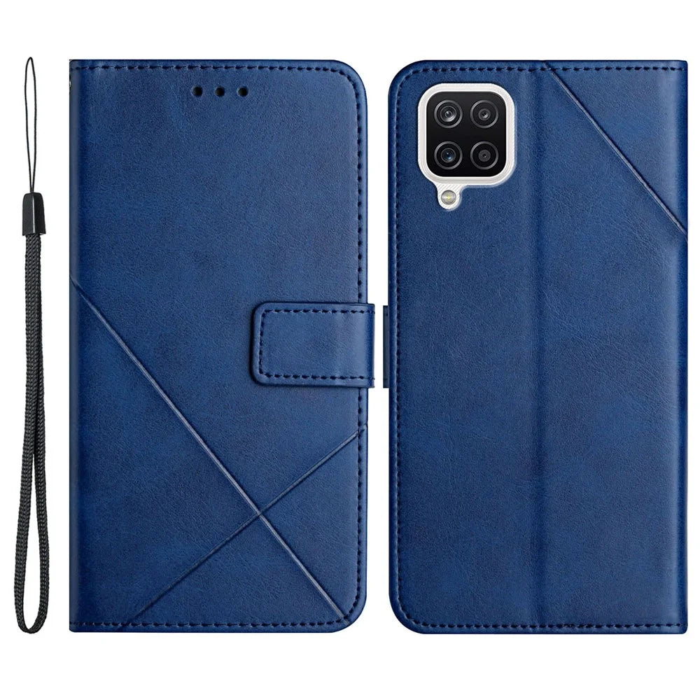 Solid Color Well-protected Wallet Stand Design PU Leather Phone Cover with Strap for Samsung Galaxy A12 - Blue - 1
