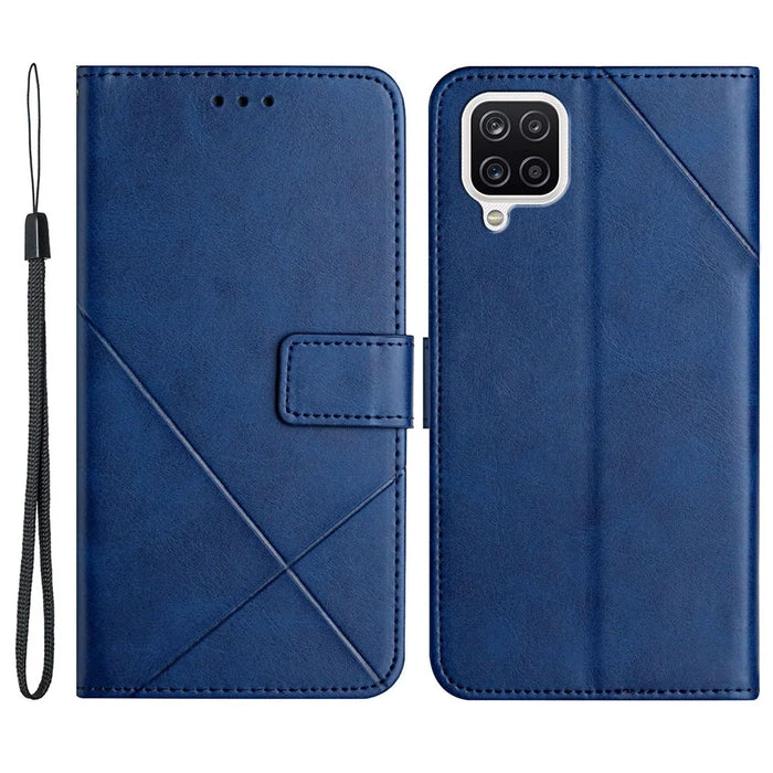 Solid Color Well-protected Wallet Stand Design PU Leather Phone Cover with Strap for Samsung Galaxy A12 - Blue - 1