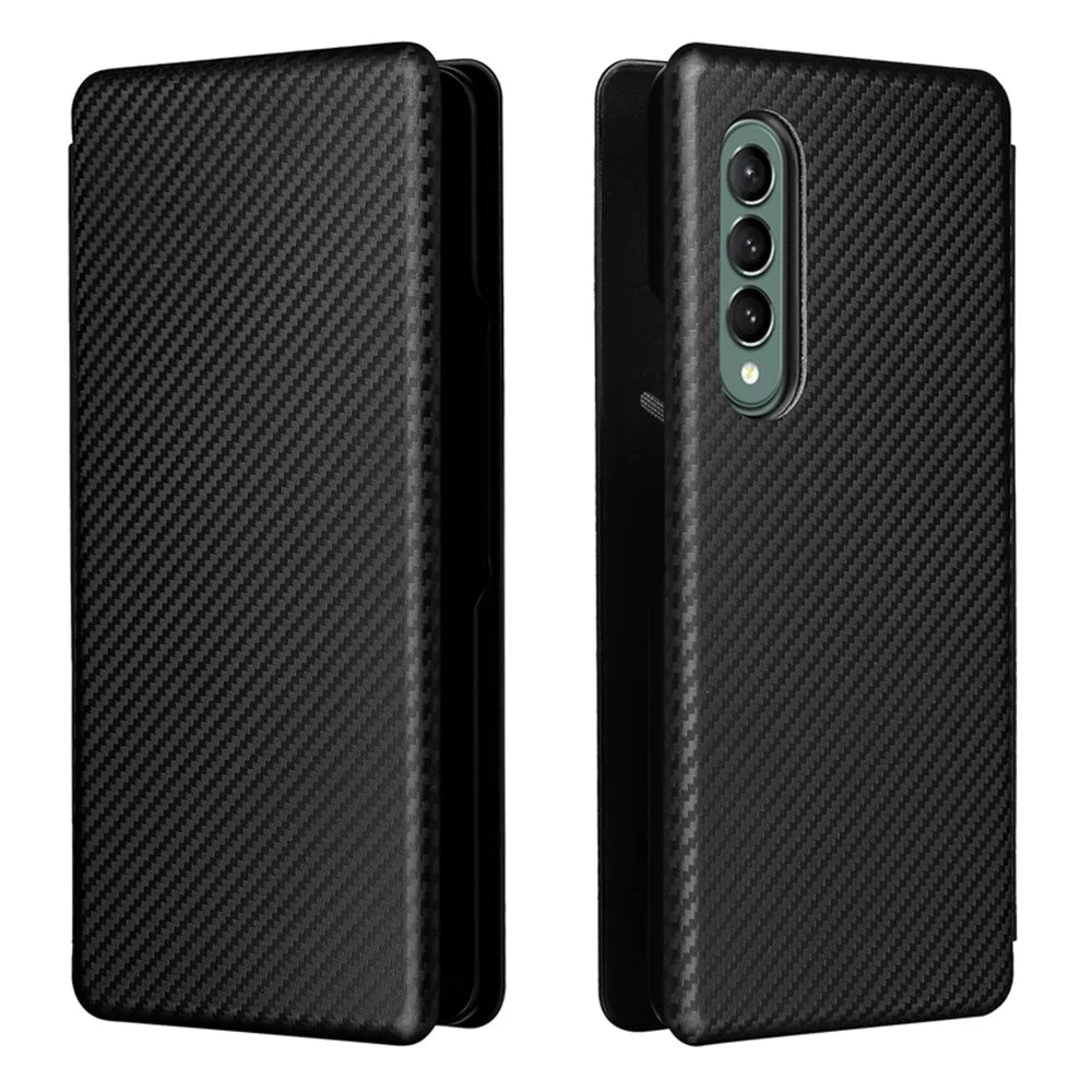 For Galaxy Z Fold3 5G Leather Phone Case Carbon Fiber Absorption Magnetic Closure with Card Slot and Ring Strap - Black - 1