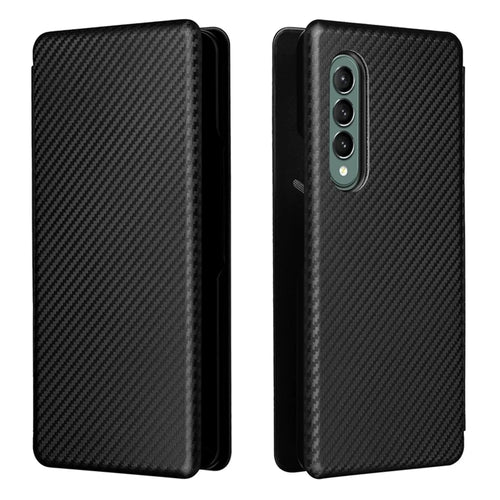 For Galaxy Z Fold3 5G Leather Phone Case Carbon Fiber Absorption Magnetic Closure with Card Slot and Ring Strap - Black - 1