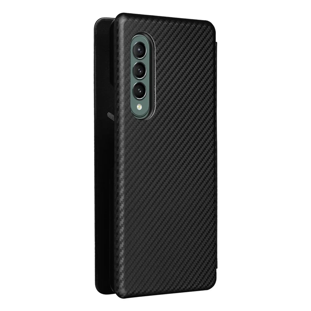 For Galaxy Z Fold3 5G Leather Phone Case Carbon Fiber Absorption Magnetic Closure with Card Slot and Ring Strap - Black - 2