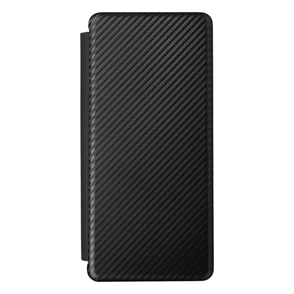 For Galaxy Z Fold3 5G Leather Phone Case Carbon Fiber Absorption Magnetic Closure with Card Slot and Ring Strap - Black - 3
