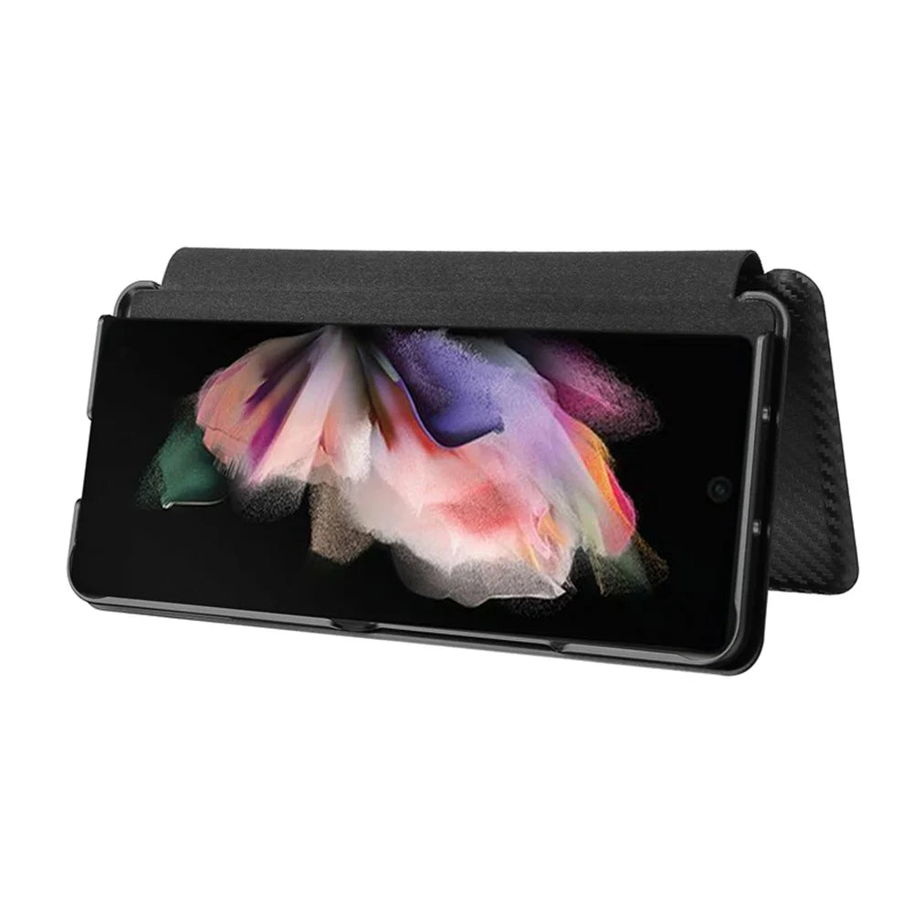 For Galaxy Z Fold3 5G Leather Phone Case Carbon Fiber Absorption Magnetic Closure with Card Slot and Ring Strap - Black - 4