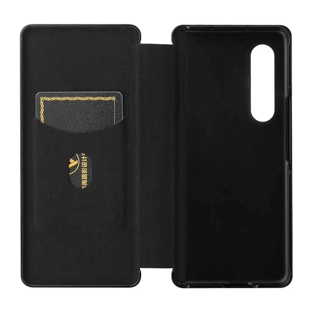 For Galaxy Z Fold3 5G Leather Phone Case Carbon Fiber Absorption Magnetic Closure with Card Slot and Ring Strap - Black - 5