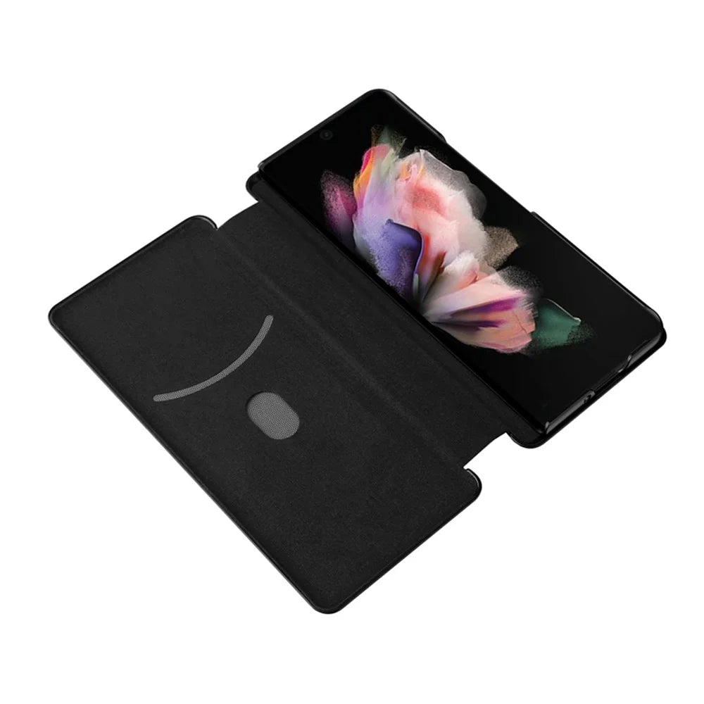 For Galaxy Z Fold3 5G Leather Phone Case Carbon Fiber Absorption Magnetic Closure with Card Slot and Ring Strap - Black - 7
