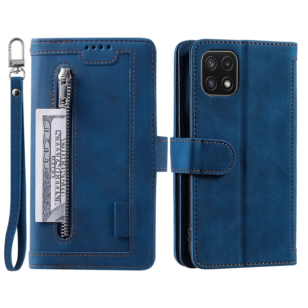 9 Card Slots PU Leather Cell Phone Stand Case Wallet Cover with Strap for Samsung Galaxy A22 5G (EU Version) - Blue - 1