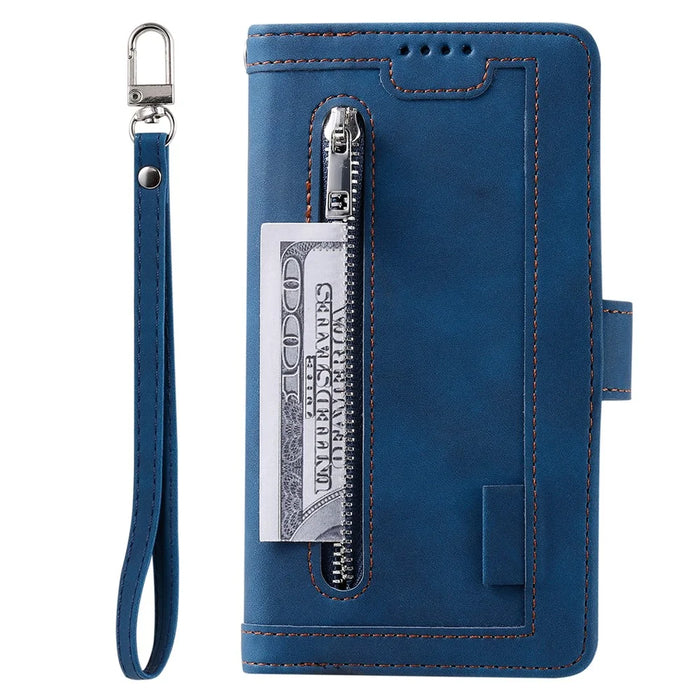 9 Card Slots PU Leather Cell Phone Stand Case Wallet Cover with Strap for Samsung Galaxy A22 5G (EU Version) - Blue - 2