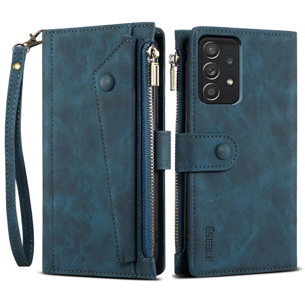 All-round Protection Magnetic Clasp Zippered Wallet Strap Slots Case Phone Case with Stand for Samsung Galaxy A52 4G/A52 5G/A52s 5G - Blue - 1
