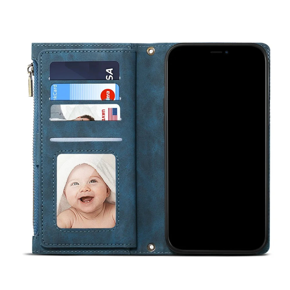 All-round Protection Magnetic Clasp Zippered Wallet Strap Slots Case Phone Case with Stand for Samsung Galaxy A52 4G/A52 5G/A52s 5G - Blue - 6