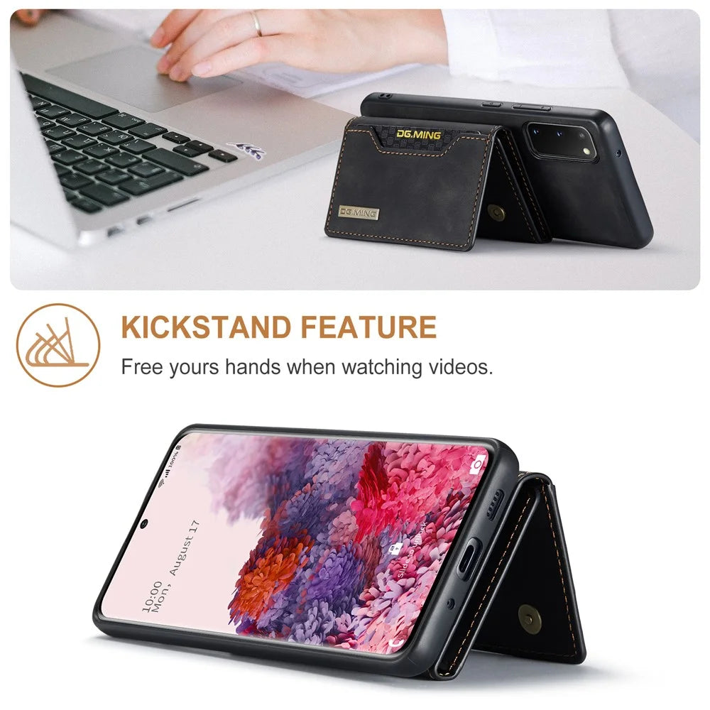 DG.MING M2 Series Wireless Charging Detachable Wallet 2-in-1 Shockproof Hybrid Phone Cover Shell with Horizontal-Viewing Kickstand for Samsung Galaxy S20 4G/S20 5G - Black - 2