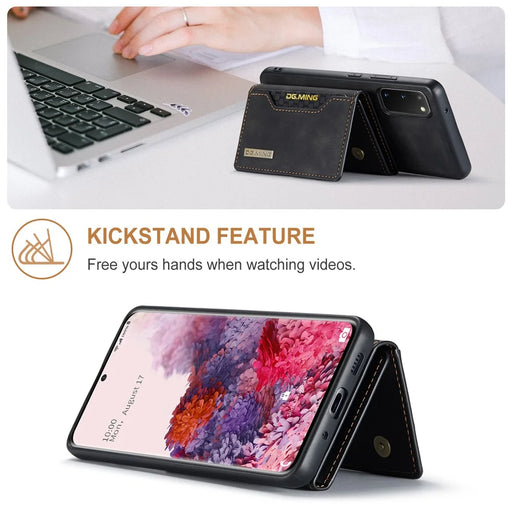 DG.MING M2 Series Wireless Charging Detachable Wallet 2-in-1 Shockproof Hybrid Phone Cover Shell with Horizontal-Viewing Kickstand for Samsung Galaxy S20 4G/S20 5G - Black - 2