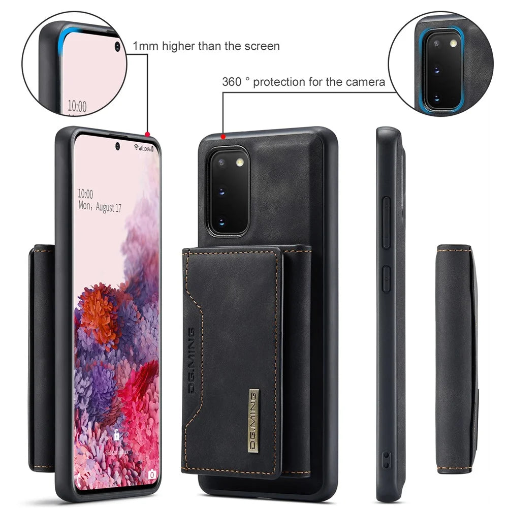 DG.MING M2 Series Wireless Charging Detachable Wallet 2-in-1 Shockproof Hybrid Phone Cover Shell with Horizontal-Viewing Kickstand for Samsung Galaxy S20 4G/S20 5G - Black - 6
