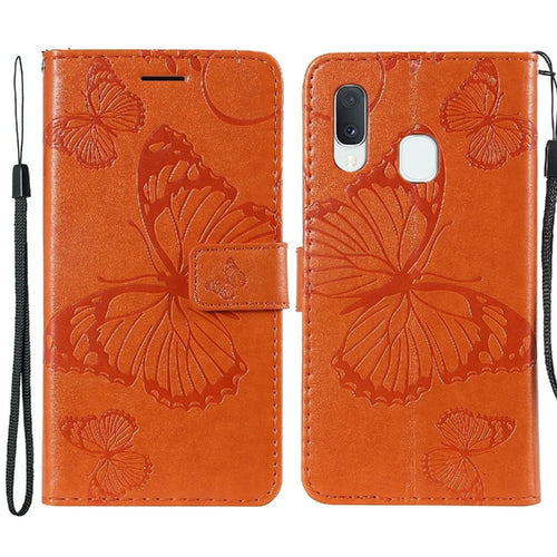 For Samsung Galaxy A20e / A202 Wallet Case Floral Butterfly Imprinted Leather Phone Cover Stand - Orange - 1