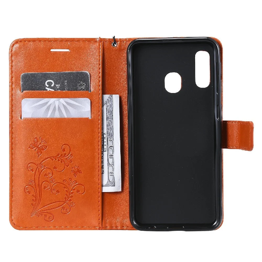 For Samsung Galaxy A20e / A202 Wallet Case Floral Butterfly Imprinted Leather Phone Cover Stand - Orange - 4