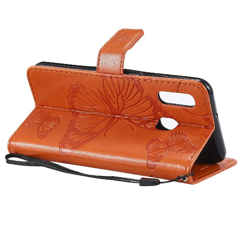 For Samsung Galaxy A20e / A202 Wallet Case Floral Butterfly Imprinted Leather Phone Cover Stand - Orange - 5
