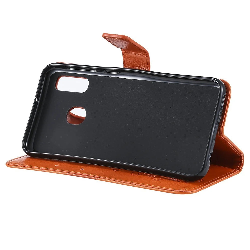 For Samsung Galaxy A20e / A202 Wallet Case Floral Butterfly Imprinted Leather Phone Cover Stand - Orange - 6