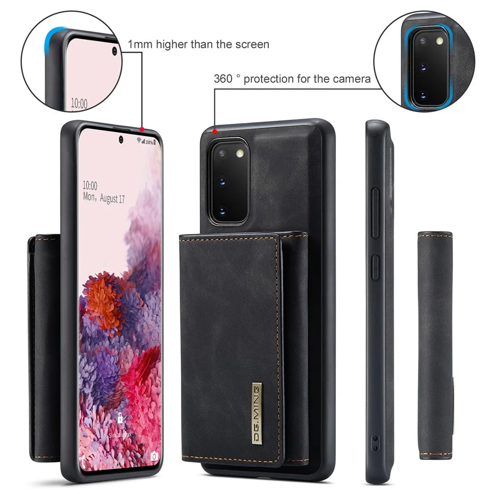 DG.MING M1 Series Phone Case PU + TPU + PC Back Cover with Magnetic Tri-Fold Wallet Kickstand for Samsung Galaxy S20 4G / S20 5G - Black - 6