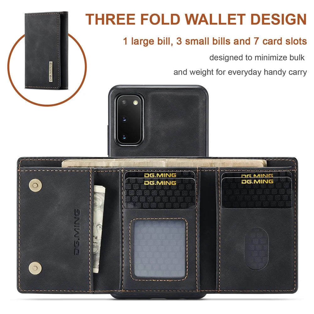 DG.MING M1 Series Phone Case PU + TPU + PC Back Cover with Magnetic Tri-Fold Wallet Kickstand for Samsung Galaxy S20 4G / S20 5G - Black - 7