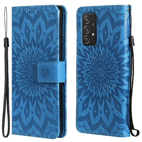 For Samsung Galaxy A52 5G / A52 4G / A52s 5G Phone Case Sunflower Imprinted Leather Wallet Stand Cover with Strap - Blue - 1