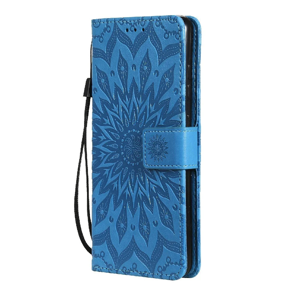 For Samsung Galaxy A52 5G / A52 4G / A52s 5G Phone Case Sunflower Imprinted Leather Wallet Stand Cover with Strap - Blue - 2