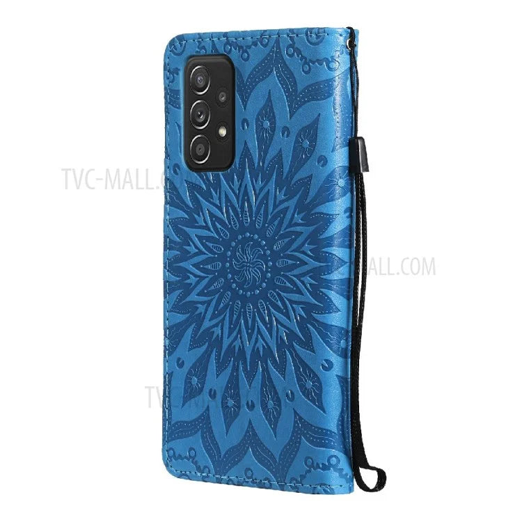For Samsung Galaxy A52 5G / A52 4G / A52s 5G Phone Case Sunflower Imprinted Leather Wallet Stand Cover with Strap - Blue - 3
