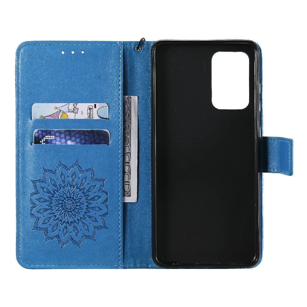 For Samsung Galaxy A52 5G / A52 4G / A52s 5G Phone Case Sunflower Imprinted Leather Wallet Stand Cover with Strap - Blue - 4