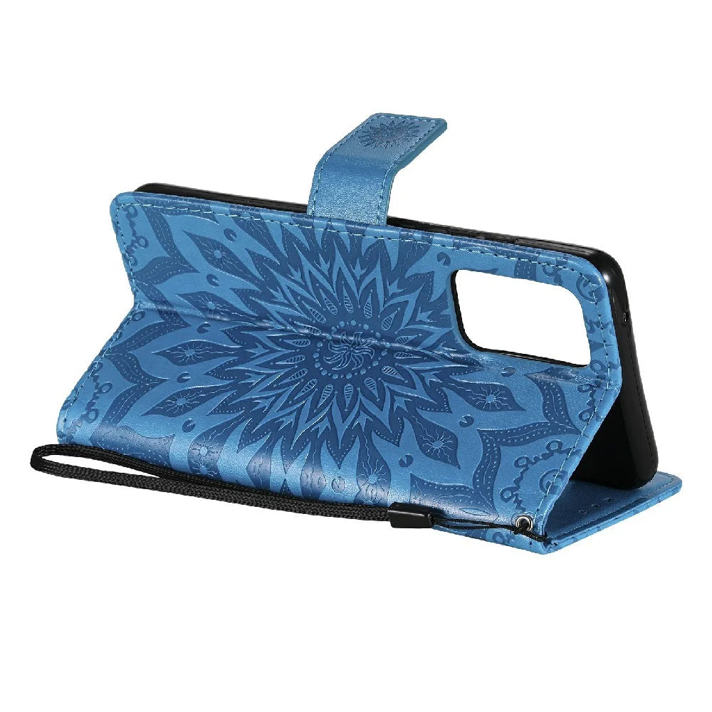 For Samsung Galaxy A52 5G / A52 4G / A52s 5G Phone Case Sunflower Imprinted Leather Wallet Stand Cover with Strap - Blue - 5