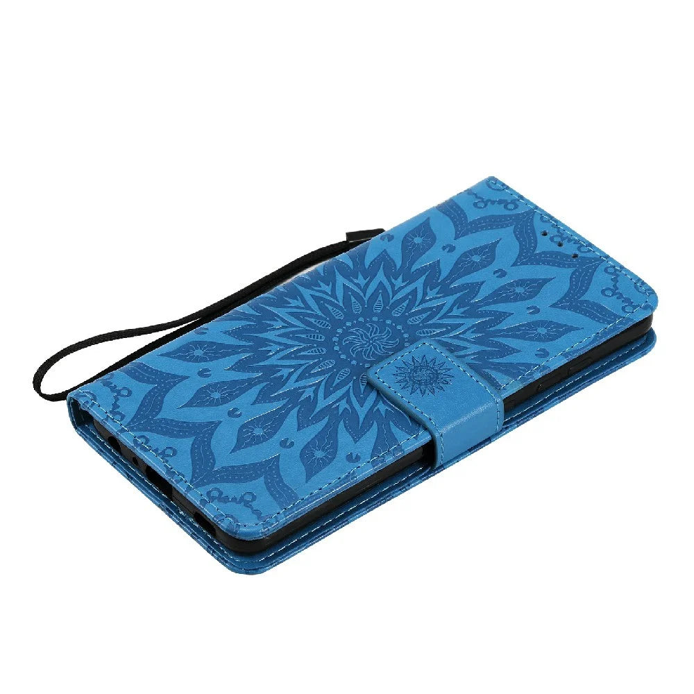 For Samsung Galaxy A52 5G / A52 4G / A52s 5G Phone Case Sunflower Imprinted Leather Wallet Stand Cover with Strap - Blue - 7