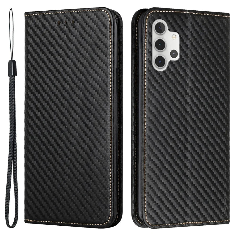 Carbon Fiber Texture Magnetic Closure Leather Cover Stand Case with Strap for Samsung Galaxy A32 5G/M32 5G - Black - 1