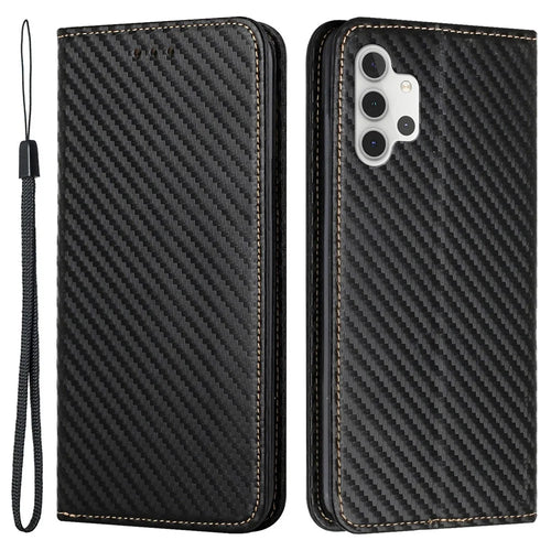 Carbon Fiber Texture Magnetic Closure Leather Cover Stand Case with Strap for Samsung Galaxy A32 5G/M32 5G - Black - 1