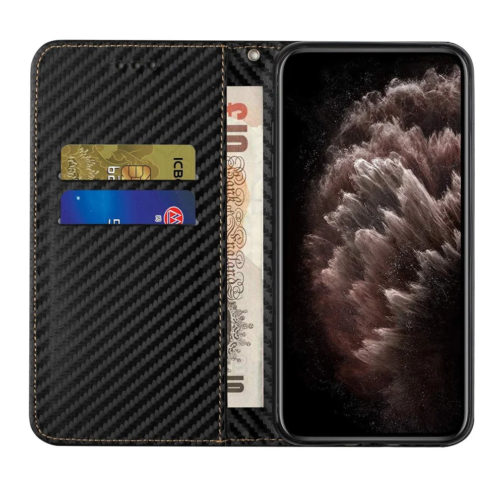 Carbon Fiber Texture Magnetic Closure Leather Cover Stand Case with Strap for Samsung Galaxy A32 5G/M32 5G - Black - 5