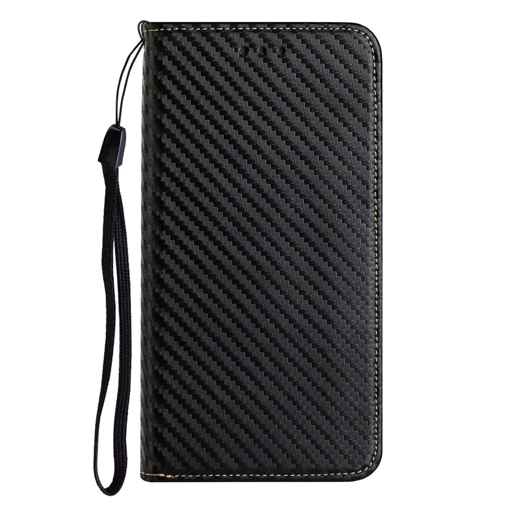 Carbon Fiber Texture Magnetic Closure Leather Cover Stand Case with Strap for Samsung Galaxy A32 5G/M32 5G - Black - 6