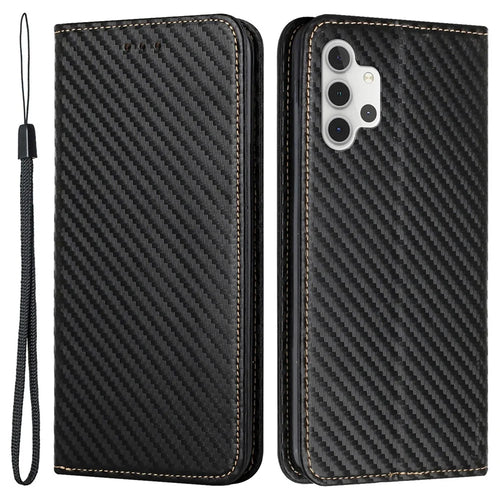 Full Protection Magnetic Clasp Carbon Fiber Texture Leather Wallet Stand Case Shell for Samsung Galaxy A32 4G - Black - 1