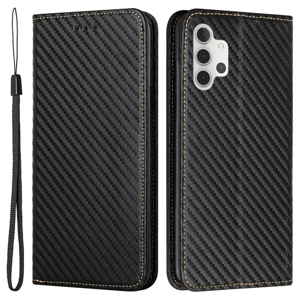 Full Protection Magnetic Clasp Carbon Fiber Texture Leather Wallet Stand Case Shell for Samsung Galaxy A32 4G - Black - 1