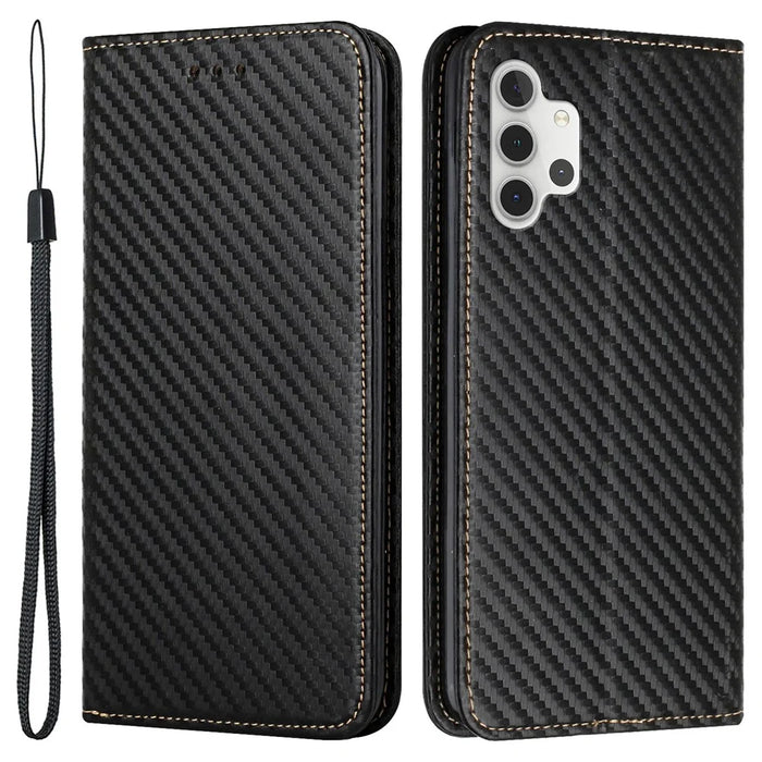 Full Protection Magnetic Clasp Carbon Fiber Texture Leather Wallet Stand Case Shell for Samsung Galaxy A32 4G - Black - 1