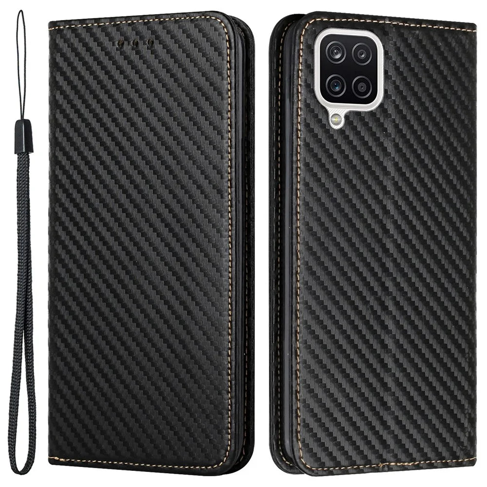 All-round Protection Carbon Fiber Texture Auto-absorbed Leather Phone Cover Case for Samsung Galaxy A12 - Black - 1