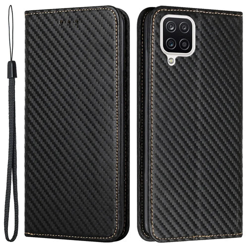All-round Protection Carbon Fiber Texture Auto-absorbed Leather Phone Cover Case for Samsung Galaxy A12 - Black - 1