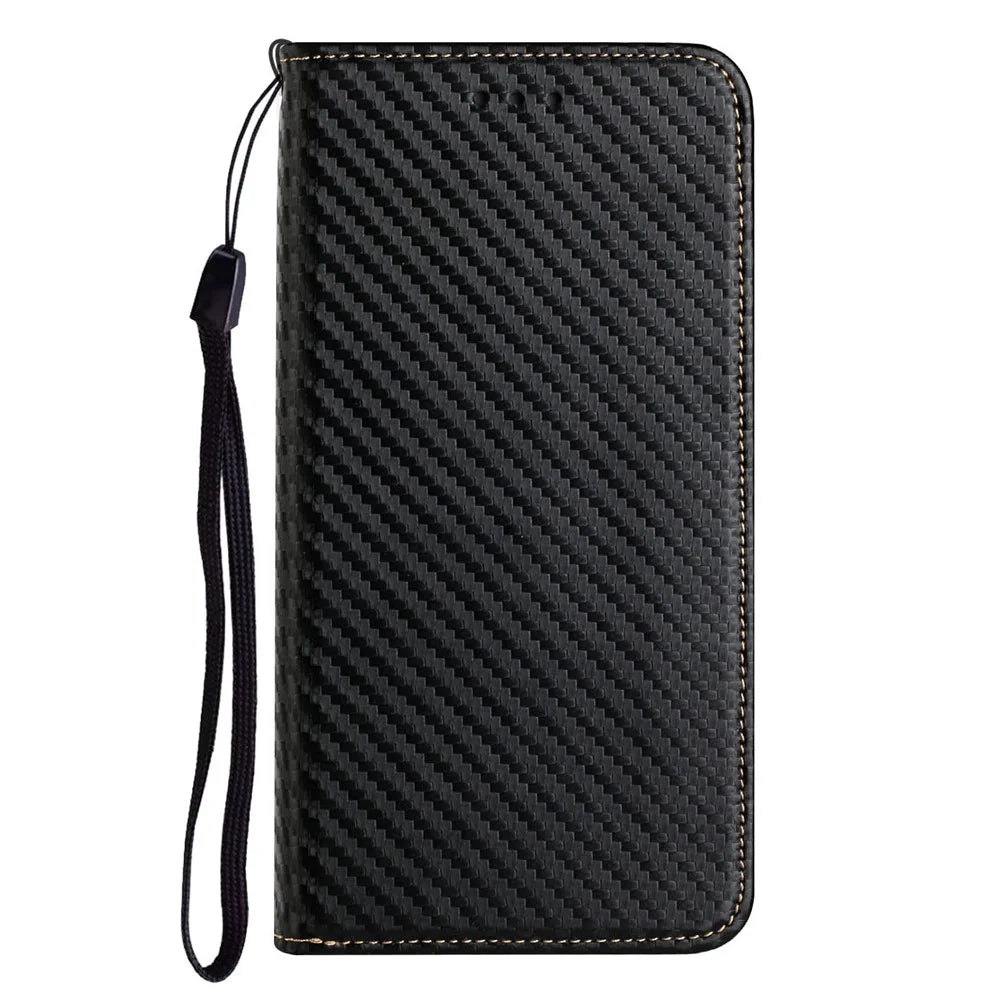 All-round Protection Carbon Fiber Texture Auto-absorbed Leather Phone Cover Case for Samsung Galaxy A12 - Black - 6