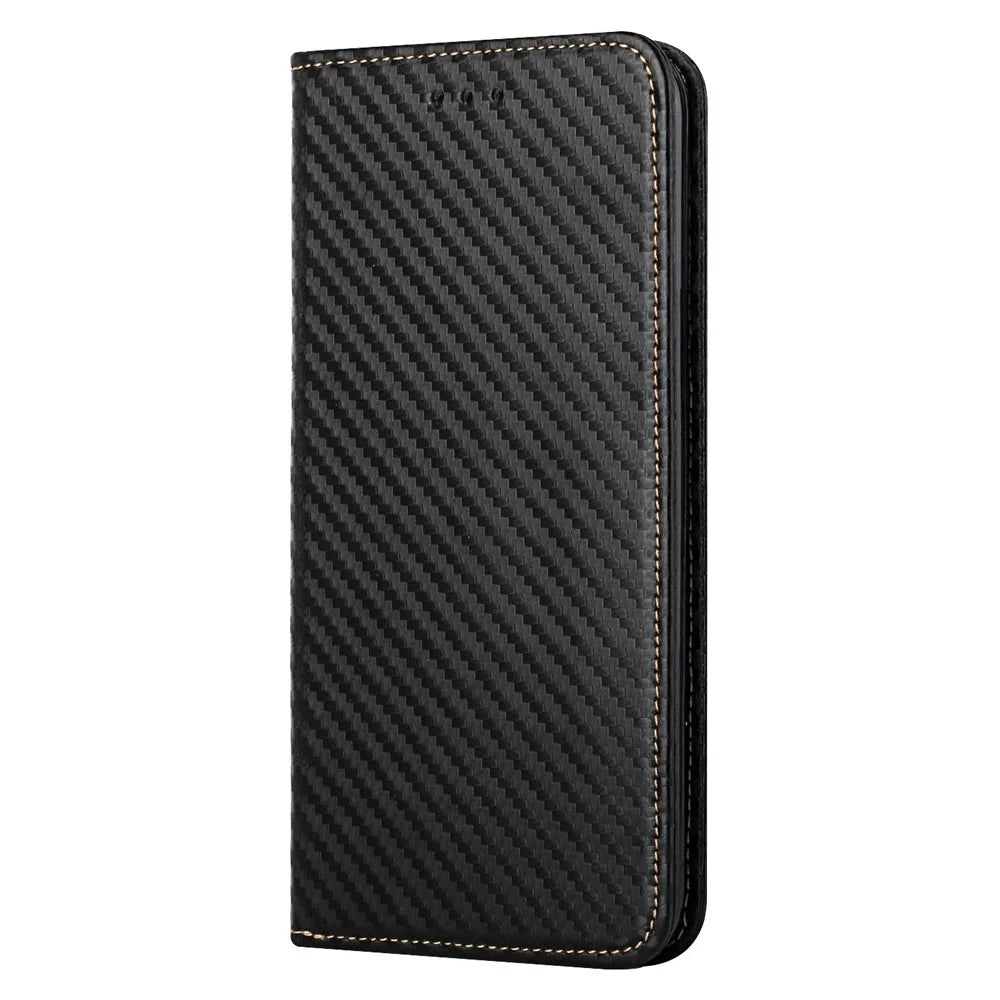 All-round Protection Carbon Fiber Texture Auto-absorbed Leather Phone Cover Case for Samsung Galaxy A12 - Black - 7