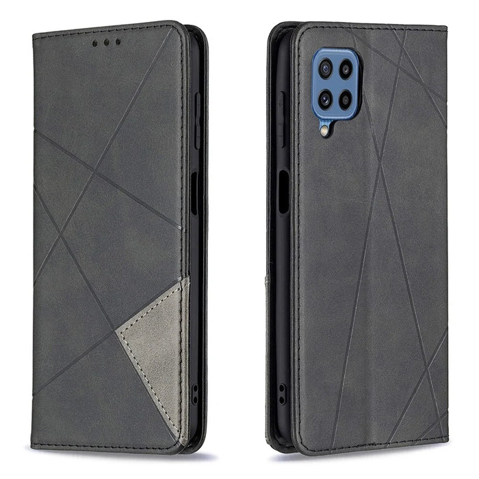 For Samsung Galaxy M32 (Global Version) Card Holder Design Rhombus-Like Imprinting Shock-Absorbed Leather Stand Case Shell - Black - 1