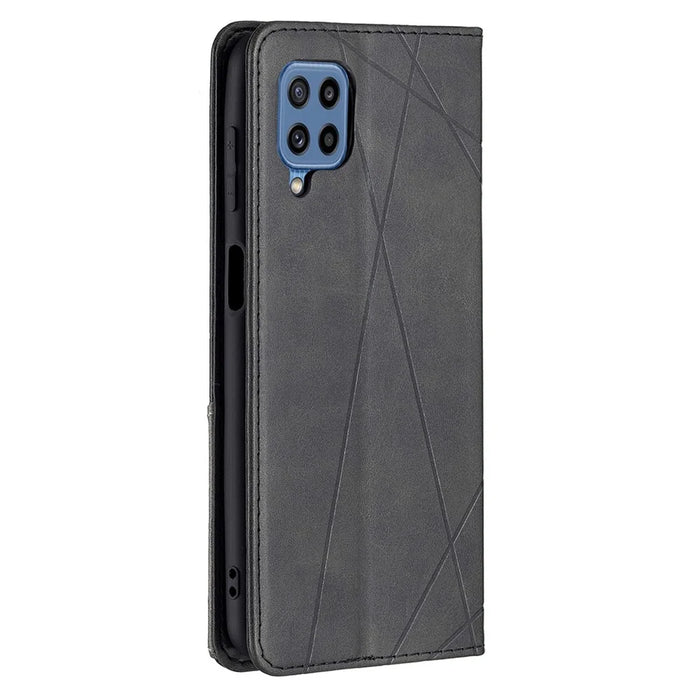 For Samsung Galaxy M32 (Global Version) Card Holder Design Rhombus-Like Imprinting Shock-Absorbed Leather Stand Case Shell - Black - 3