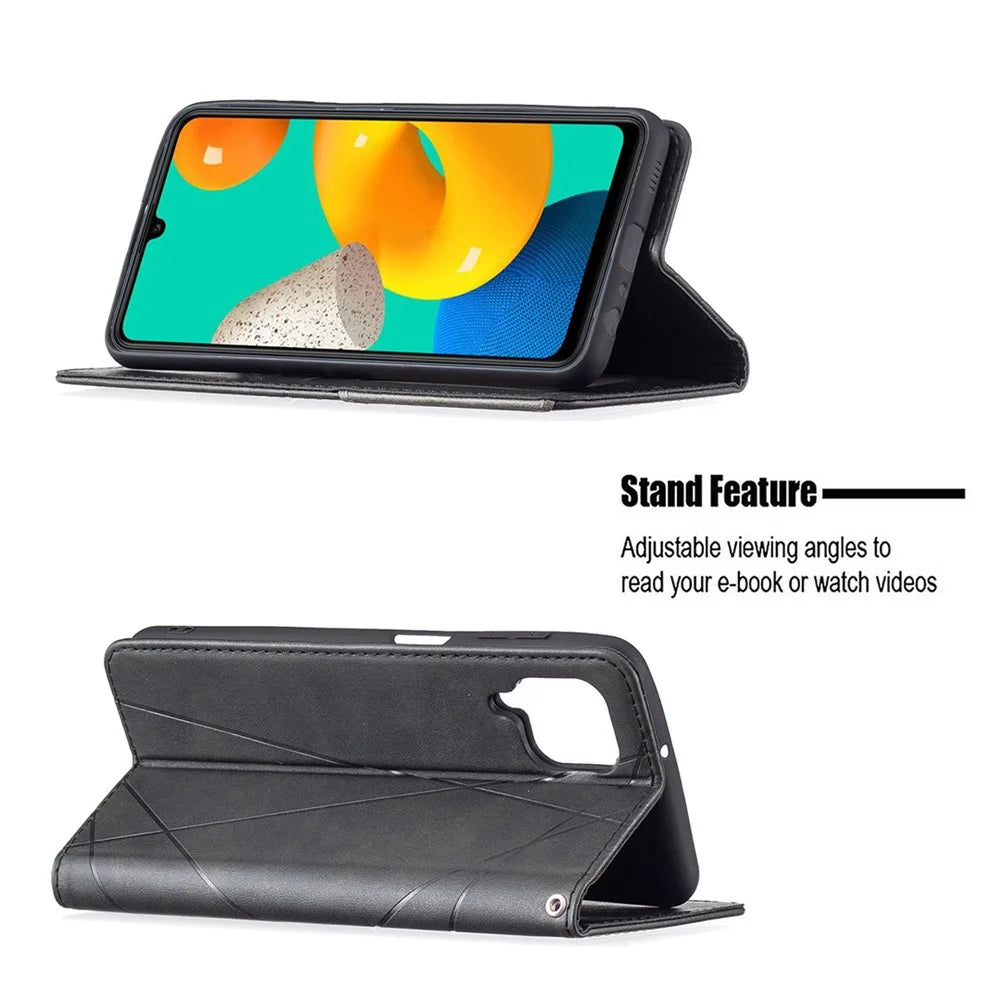 For Samsung Galaxy M32 (Global Version) Card Holder Design Rhombus-Like Imprinting Shock-Absorbed Leather Stand Case Shell - Black - 4