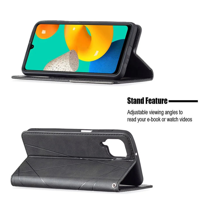 For Samsung Galaxy M32 (Global Version) Card Holder Design Rhombus-Like Imprinting Shock-Absorbed Leather Stand Case Shell - Black - 4