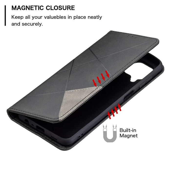 For Samsung Galaxy M32 (Global Version) Card Holder Design Rhombus-Like Imprinting Shock-Absorbed Leather Stand Case Shell - Black - 5