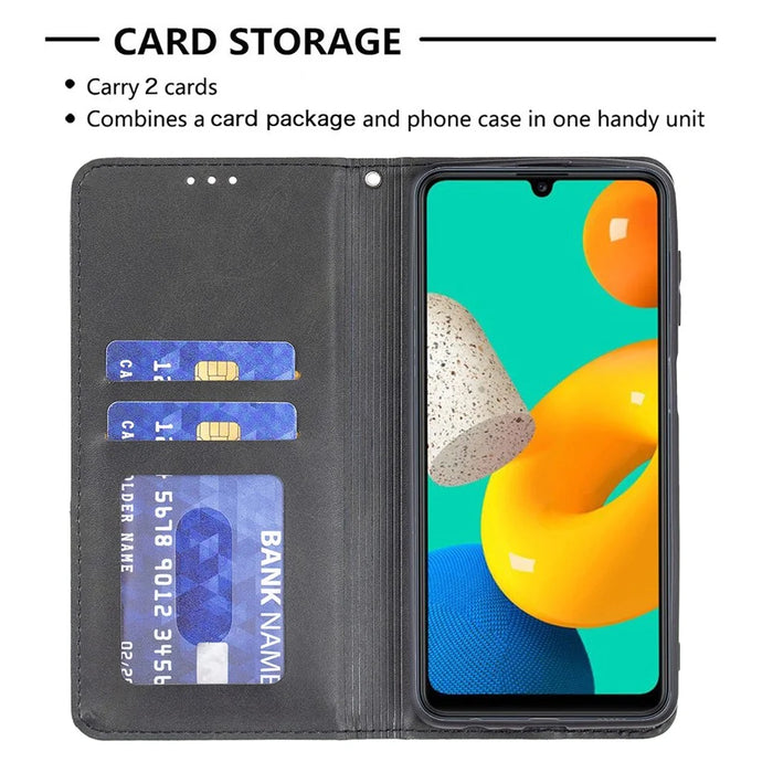 For Samsung Galaxy M32 (Global Version) Card Holder Design Rhombus-Like Imprinting Shock-Absorbed Leather Stand Case Shell - Black - 6